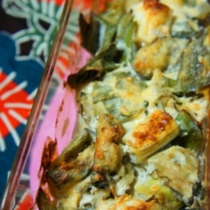 豆腐でヘルシー、下仁田葱と牡蠣の和風グラタン